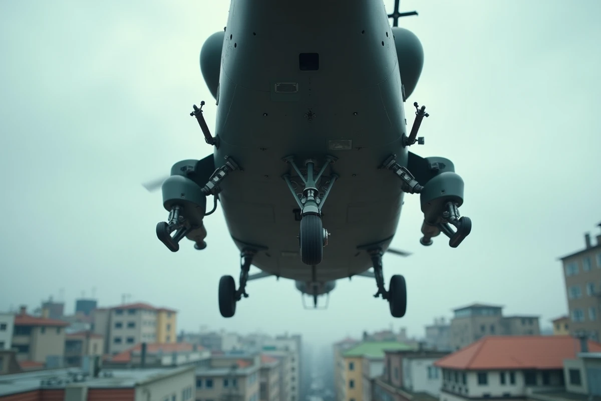 Vue rapprochée du dessous d'un hélicoptère militaire survolant des toits en milieu urbain