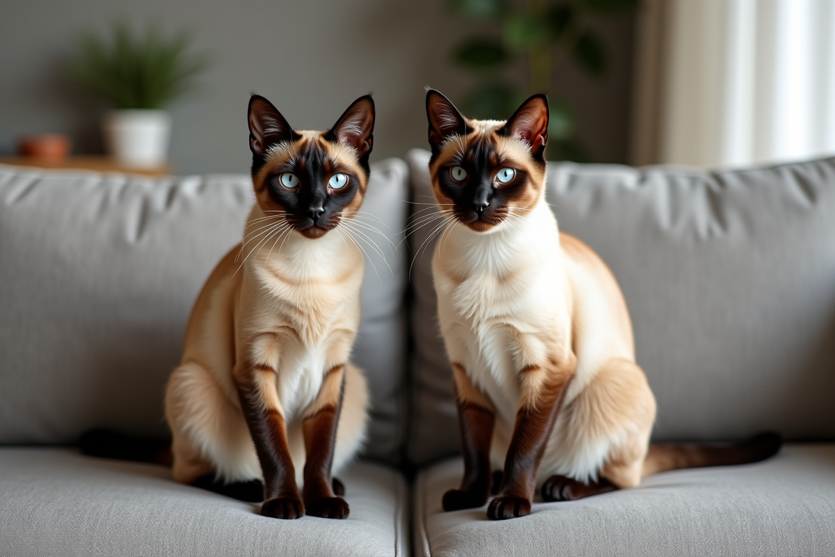 Deux chats siamois assis côte à côte sur un canapé moderne