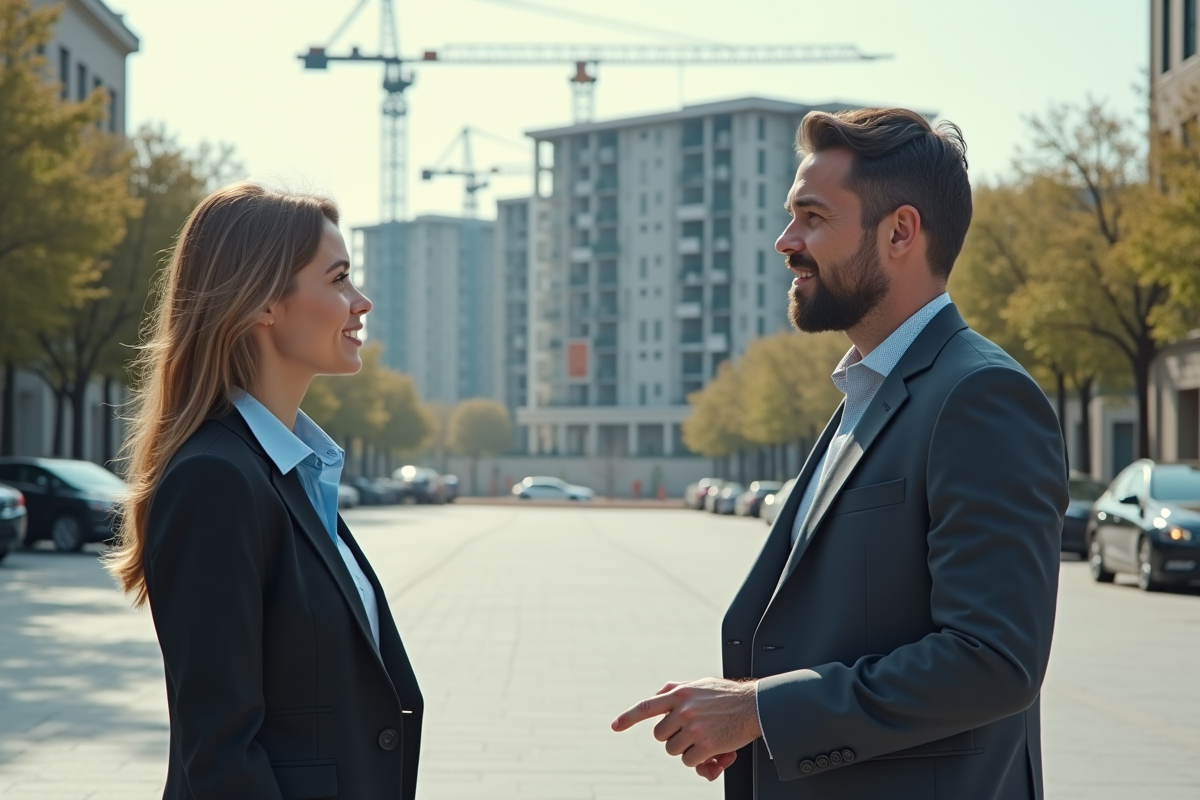 Jeune femme discutant avec un promoteur immobilier en extérieur