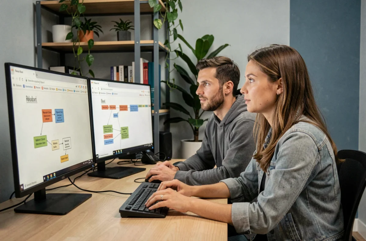 Deux développeurs débutants analysant une chaîne de redirections URL sur des écrans d'ordinateur dans un bureau startup