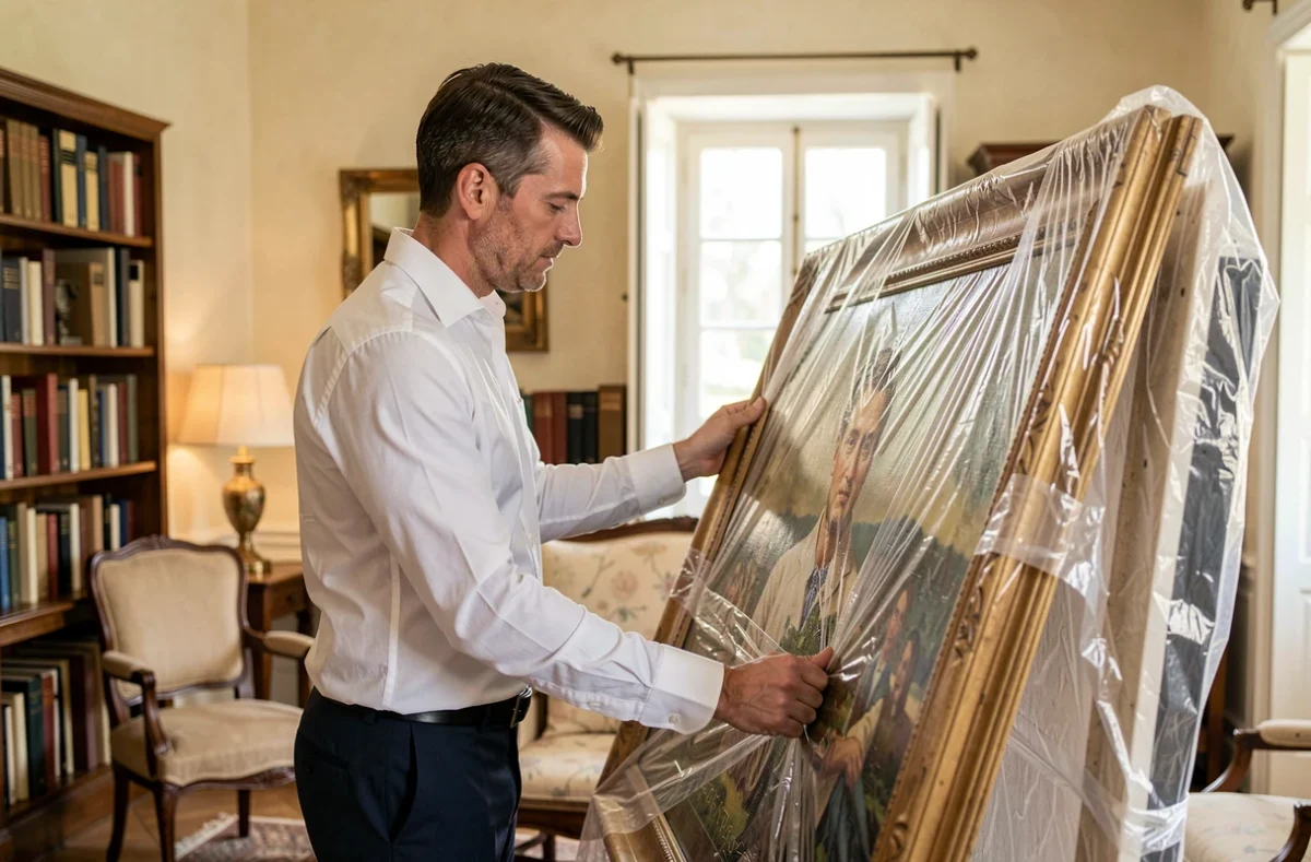 Déménageur professionnel habillé élégamment emballant soigneusement un tableau dans un appartement provençal à Nîmes pour DFT Les Gentlemen du Déménagement