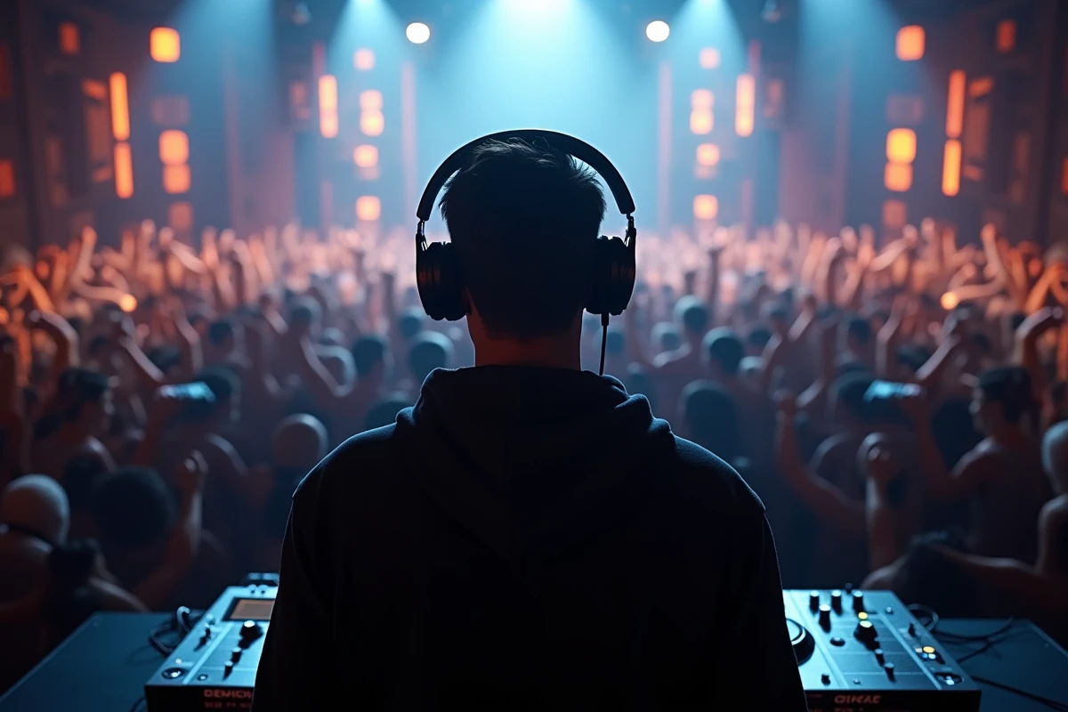 DJ concentré sur sa console dans une cabine surélevée avec la foule en mouvement en contrebas dans un club nocturne