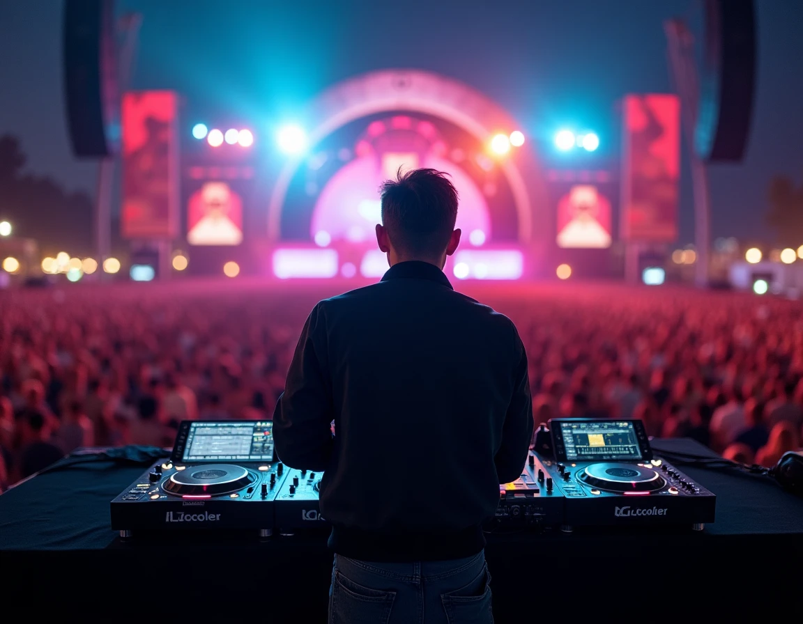 DJ français populaire en performance sur scène de festival avec écrans affichant ses statistiques réseaux sociaux