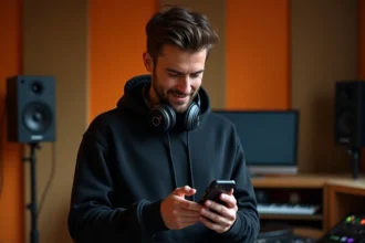 DJ français connu consultant ses réseaux sociaux dans un studio d'enregistrement moderne en 2026
