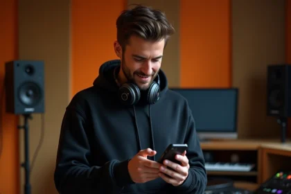 DJ français connu consultant ses réseaux sociaux dans un studio d'enregistrement moderne en 2026