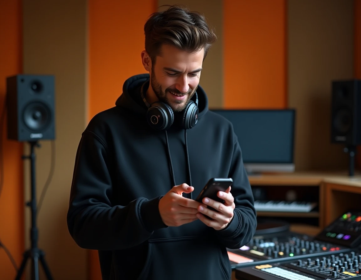 DJ français connu consultant ses réseaux sociaux dans un studio d'enregistrement moderne en 2026