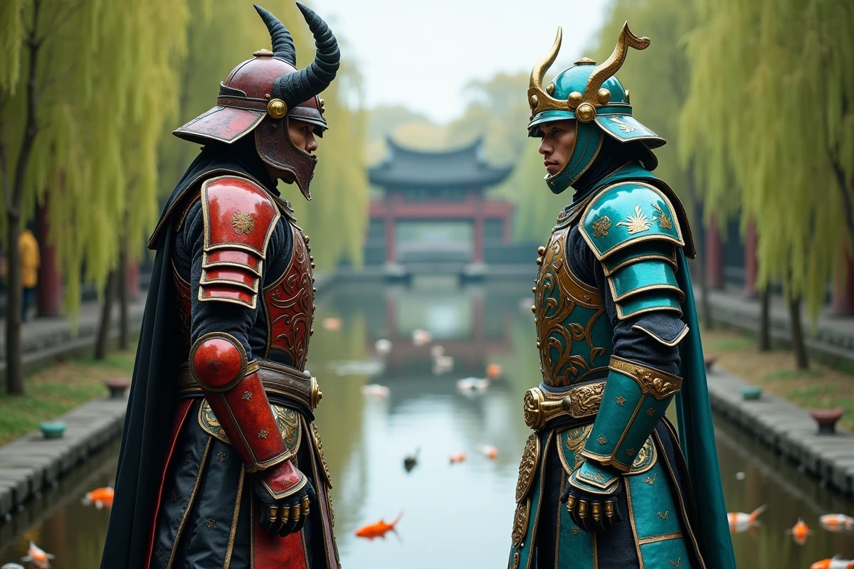 Deux cosplayers en armures démoniaques et célestes s'affrontant sur un pont de pierre chinois traditionnel au-dessus d'un bassin de koïs