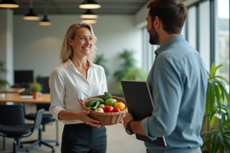 Femme souriante échangeant légumes et confitures au bureau