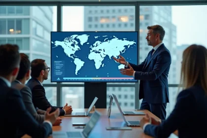 Economiste en costume navy présente des données AI dans une salle moderne