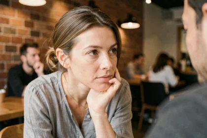 Femme attentive écoutant activement son interlocuteur dans un café moderne, illustration de l'écoute active sans interruption