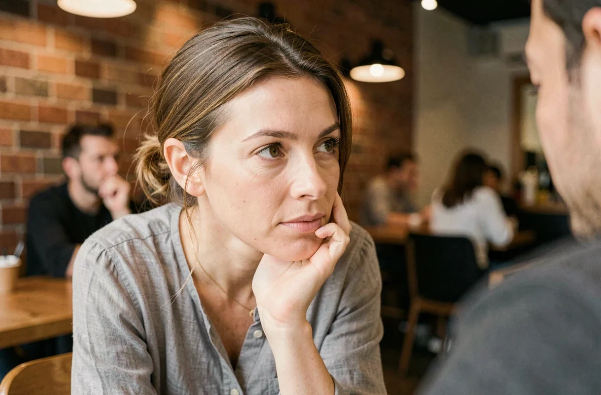 Femme attentive écoutant activement son interlocuteur dans un café moderne, illustration de l'écoute active sans interruption