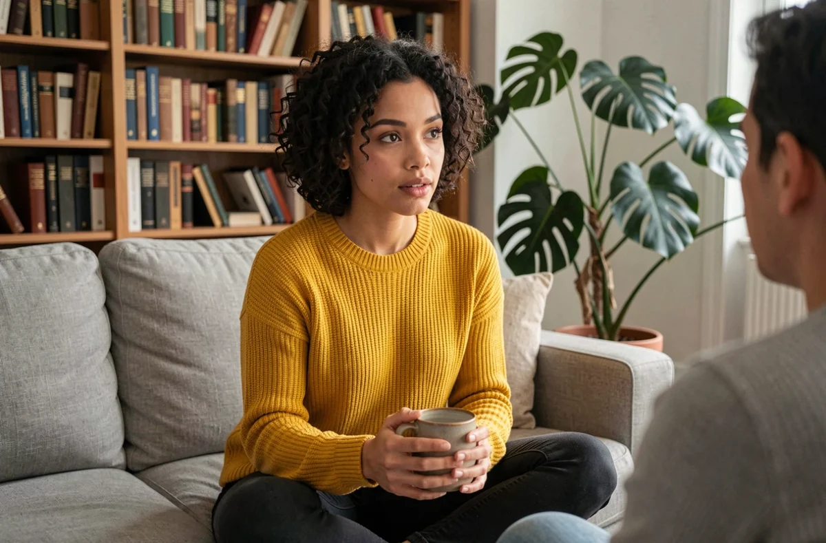 Jeune femme écoutant attentivement une amie dans un salon chaleureux, exemple d'écoute bienveillante et sans interruption