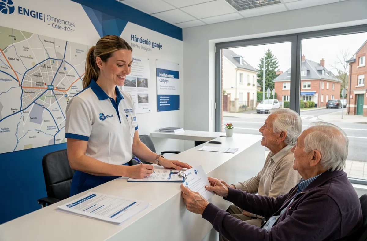 Conseillère ENGIE Home Services présentant un contrat de maintenance chauffage à des clients en Côte-d'Or