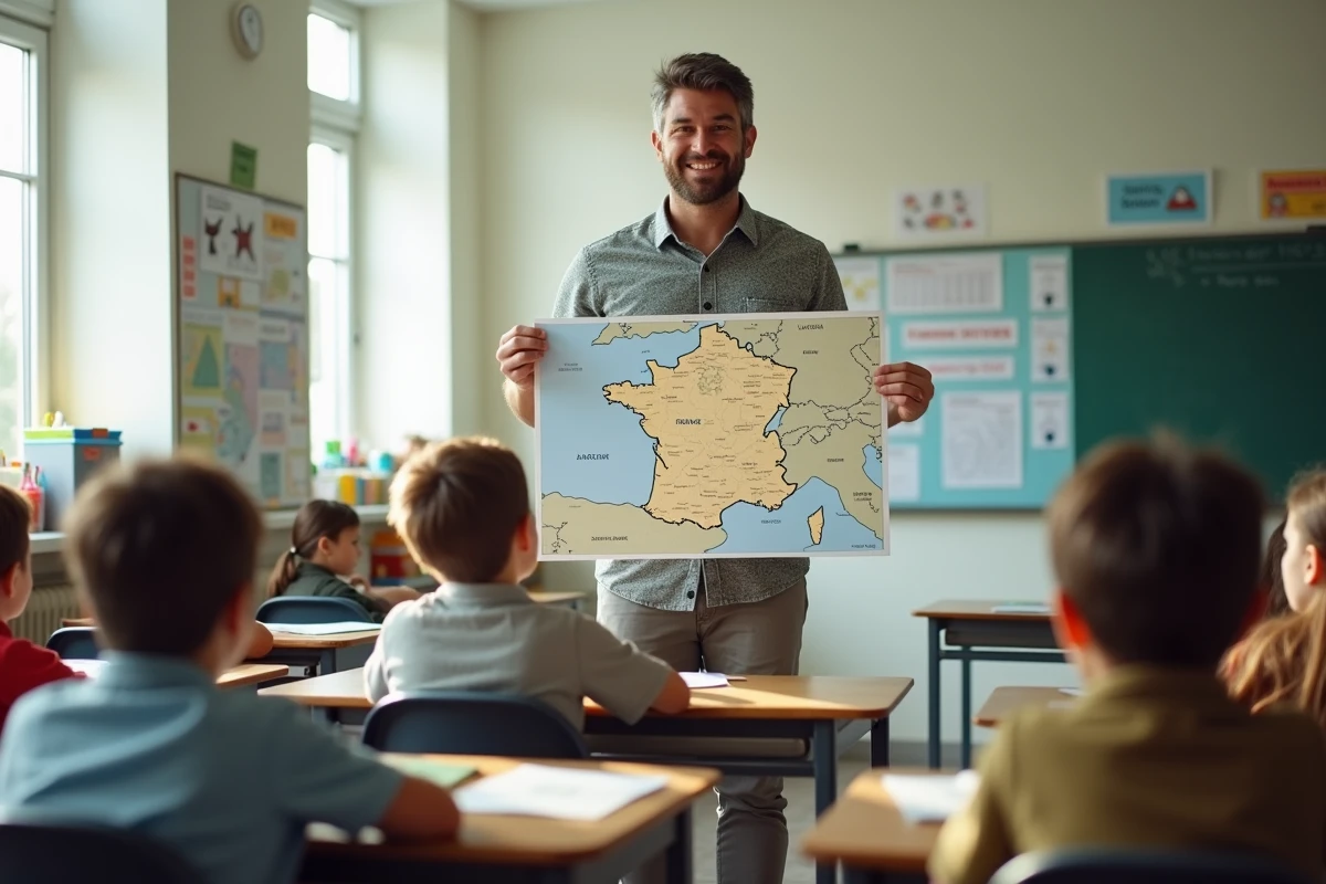 Enseignant montrant une carte de France dans une classe
