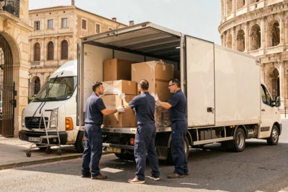 Équipe de déménageurs professionnels chargeant un camion devant une rue ensoleillée de Nîmes avec l'architecture romaine en arrière-plan