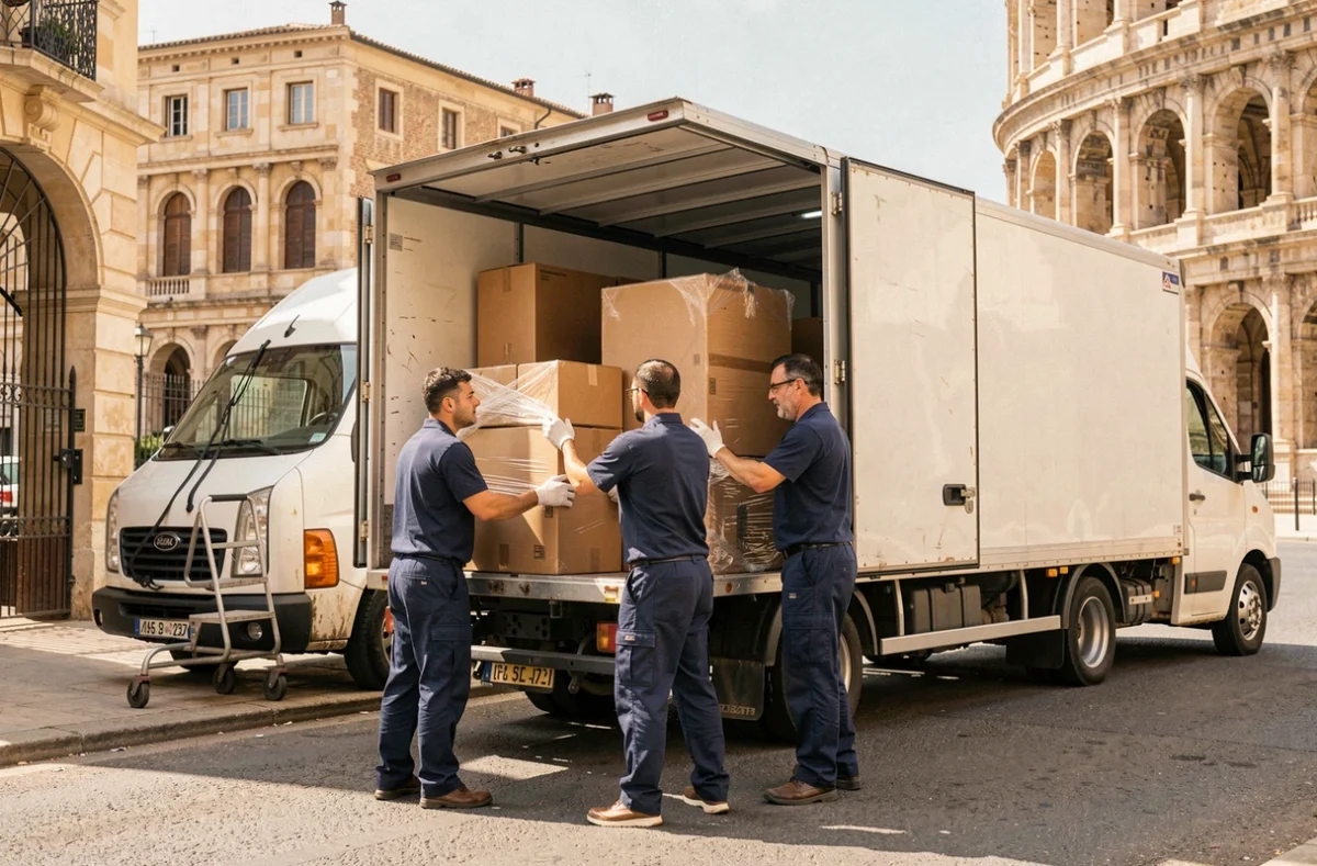 Équipe de déménageurs professionnels chargeant un camion devant une rue ensoleillée de Nîmes avec l'architecture romaine en arrière-plan