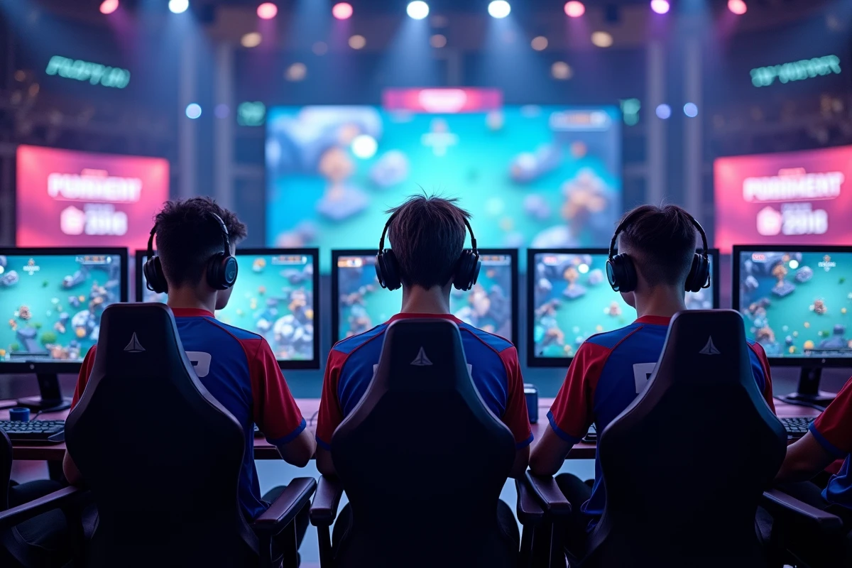 Équipe d'esport en compétition dans une arène professionnelle de League of Legends lors d'un tournoi