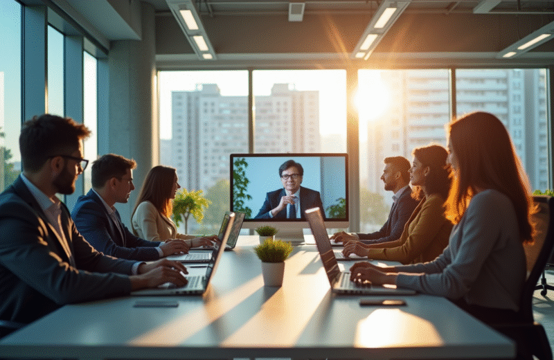 Espace de bureau moderne avec employés en visioconférence