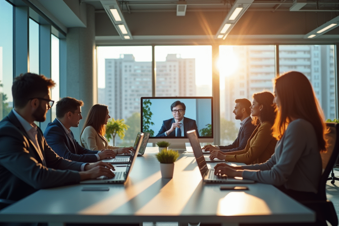 Espace de bureau moderne avec employés en visioconférence