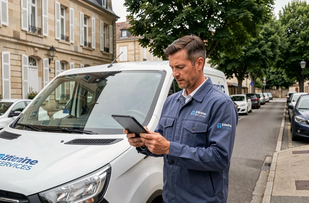 Technicien Etienne Services consultant une tablette devant son véhicule professionnel