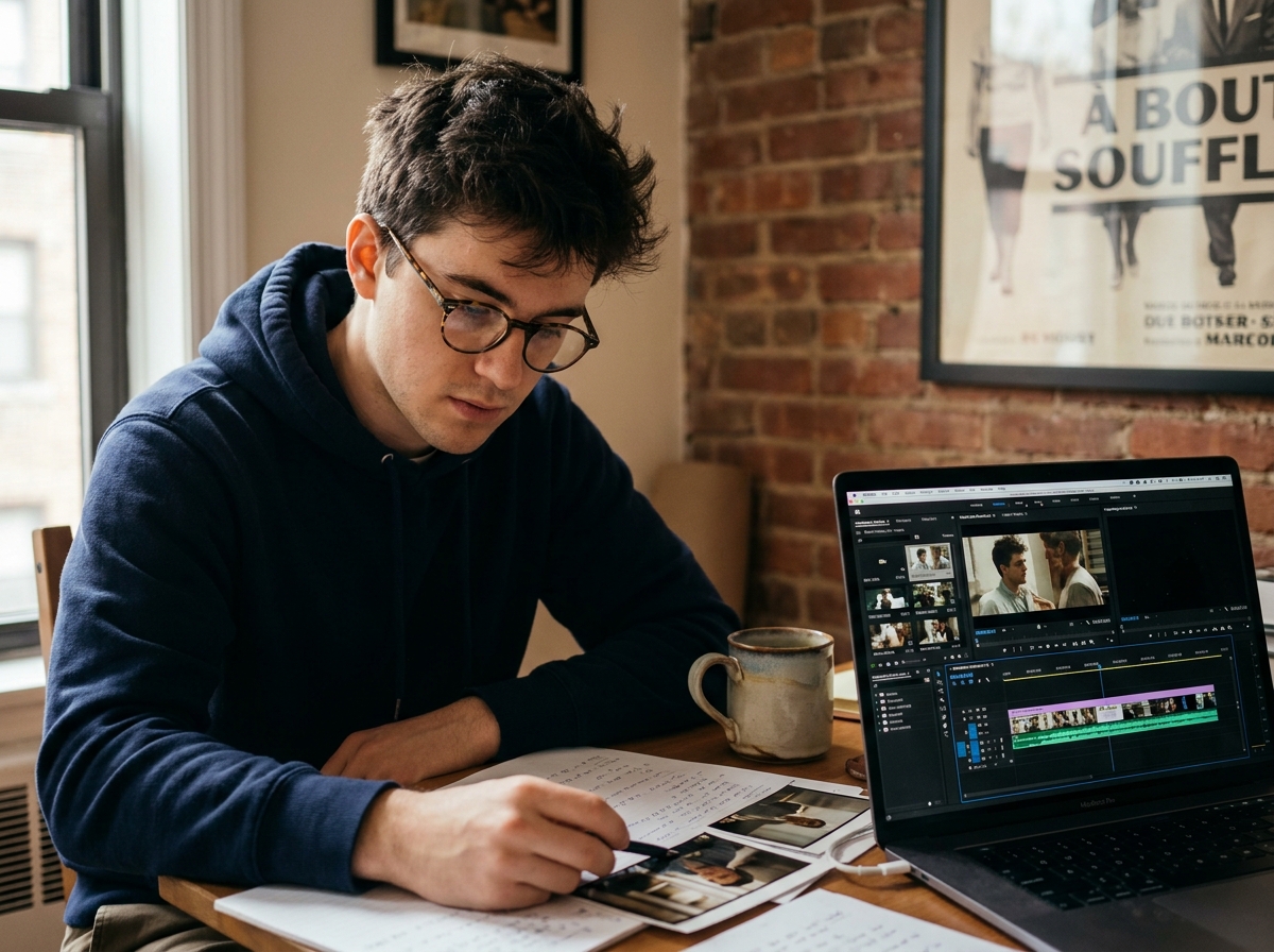 Étudiant en cinéma révisant ses notes d'analyse filmique dans son appartement étudiant
