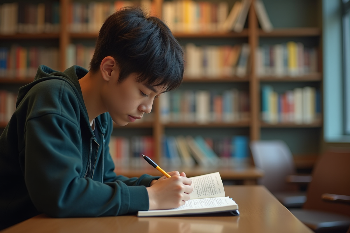 Étudiant seul lisant un livre en bibliothèque universitaire