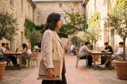 Étudiante en cinéma traversant la cour d'une université du sud de la France avec ses affaires de cours