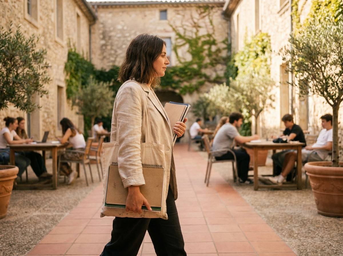 Étudiante en cinéma traversant la cour d'une université du sud de la France avec ses affaires de cours