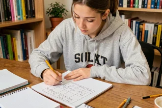 Étudiante écrivant une table de conversion mètre cube en litre avec la règle de trois dans un cahier