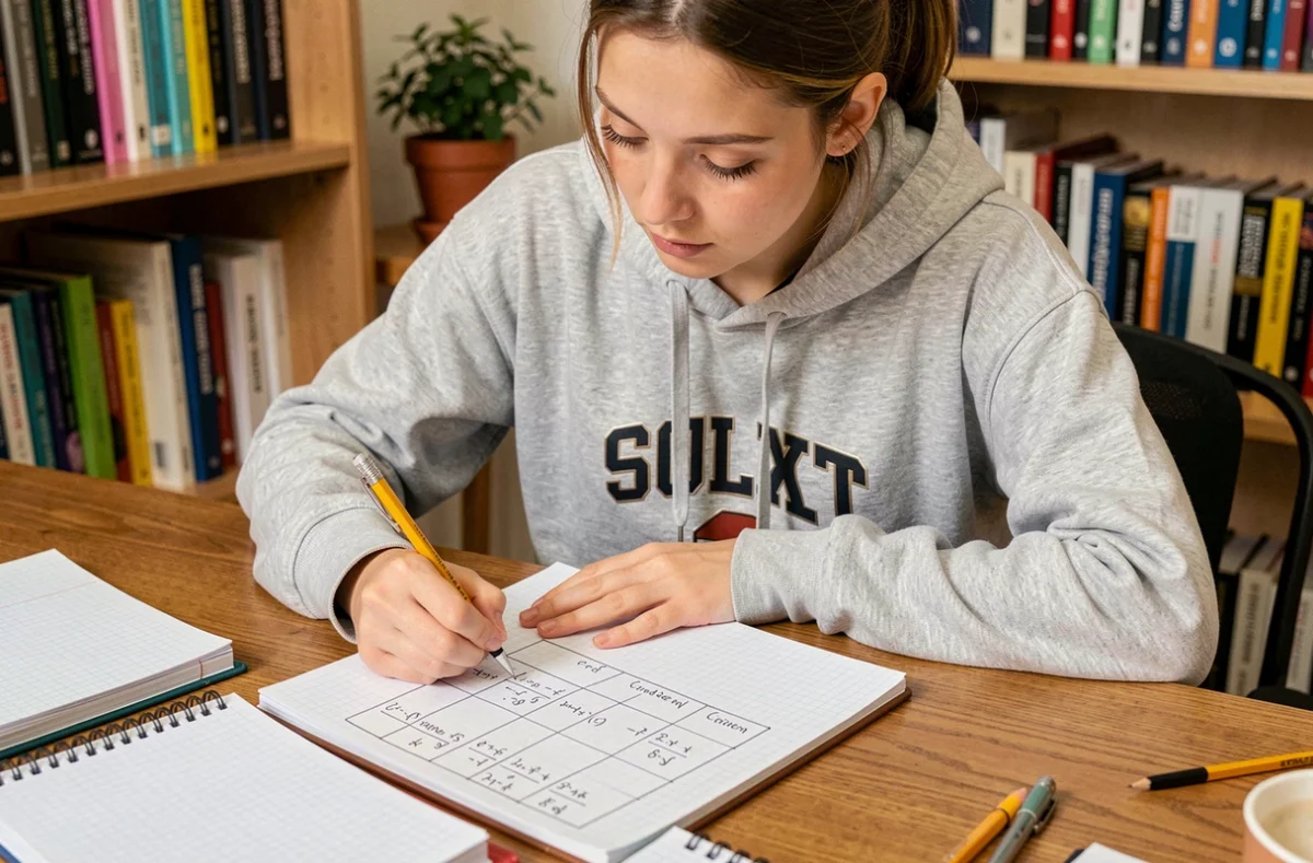 Étudiante écrivant une table de conversion mètre cube en litre avec la règle de trois dans un cahier