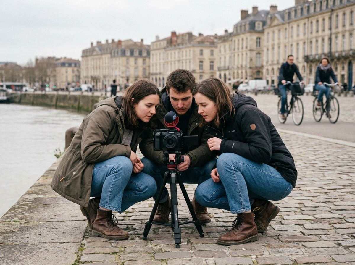 Groupe d'étudiants en cinéma filmant en extérieur sur les quais de Bordeaux