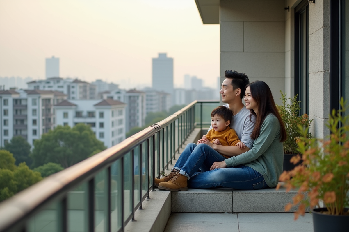 Jeune famille sur un balcon d