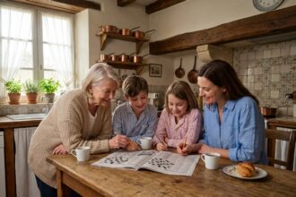 Famille de trois générations réunie autour d'une grille de mots fléchés un dimanche matin dans une cuisine chaleureuse