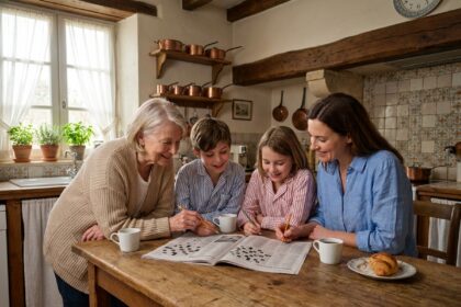Famille de trois générations réunie autour d'une grille de mots fléchés un dimanche matin dans une cuisine chaleureuse