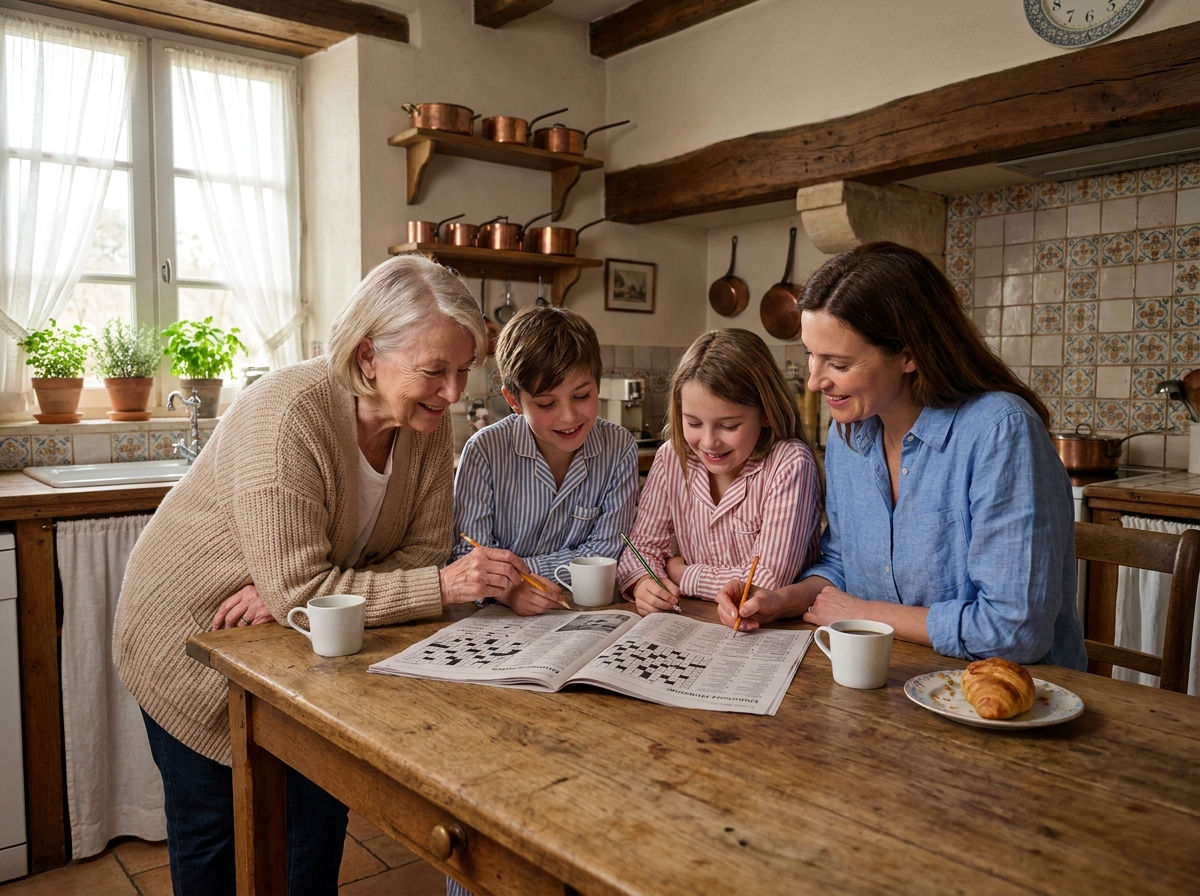 Famille de trois générations réunie autour d'une grille de mots fléchés un dimanche matin dans une cuisine chaleureuse