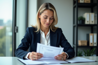 Femme d'affaires en bureau moderne avec documents financiers