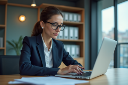 Femme d'affaires en costume regardant ses factures sur son ordinateur