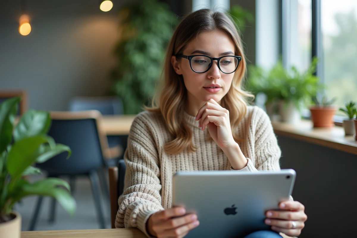 Femme ajustant les paramètres ChatGPT sur une tablette