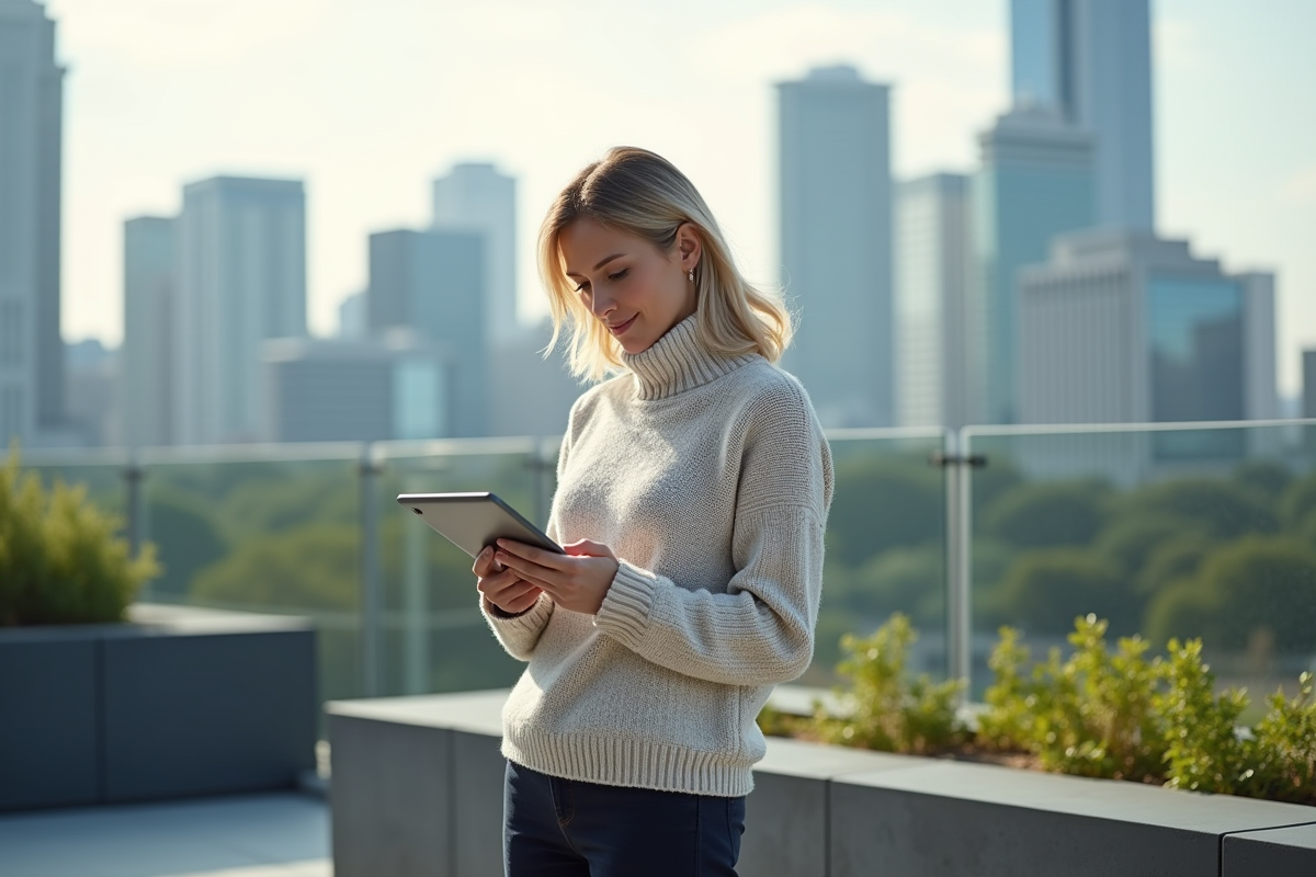 Femme analysant des graphiques financiers sur un rooftop urbain