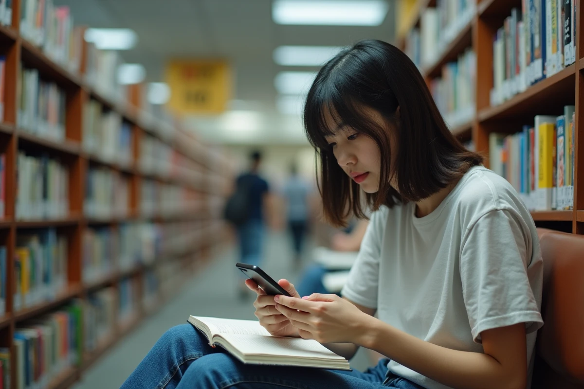 Jeune femme lisant un manga dans une bibliothèque