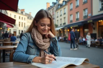 Femme souriante lisant un mots croises dans un café belge