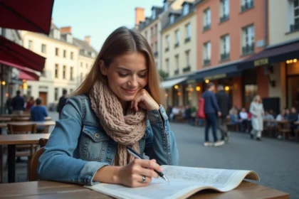 Femme souriante lisant un mots croises dans un café belge