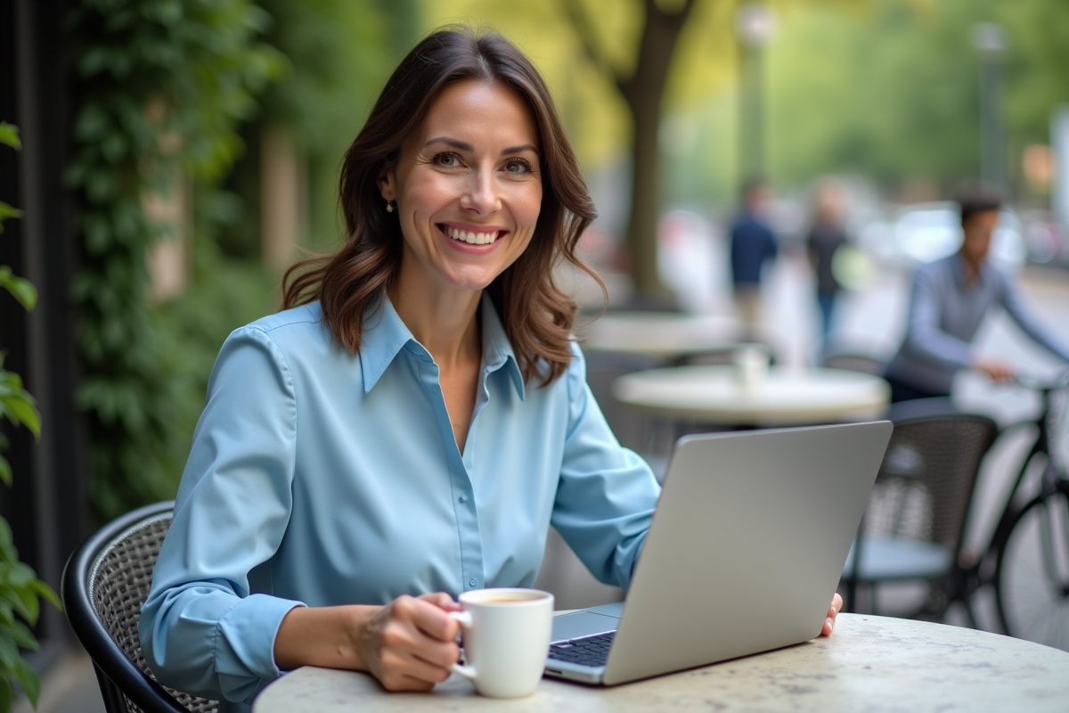 Femme souriante utilisant son ordinateur dans un café en plein air