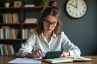 Femme en bureau utilisant une calculatrice scientifique