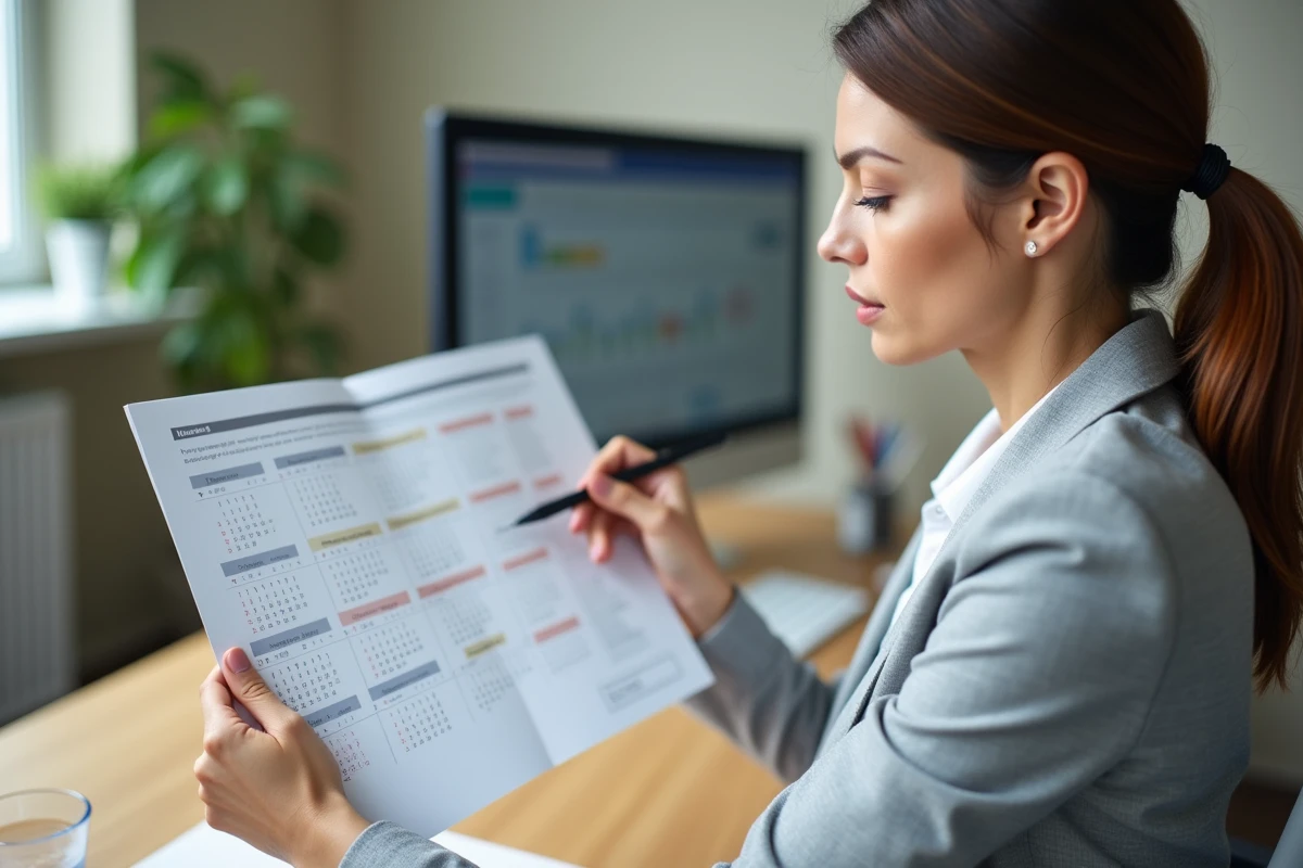Femme professionnelle consultant un calendrier annuel avec semaines paires et impaires numérotées sur son bureau de travail