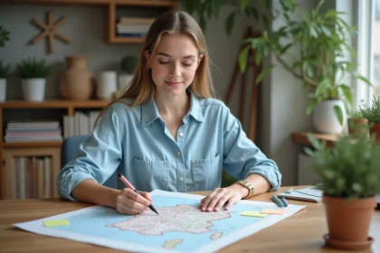 Jeune femme annotant une carte de France dans la cuisine