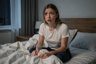 Femme réveillée en sursaut après un cauchemar dans lequel quelqu'un la poursuivait, assise dans son lit avec une expression de peur
