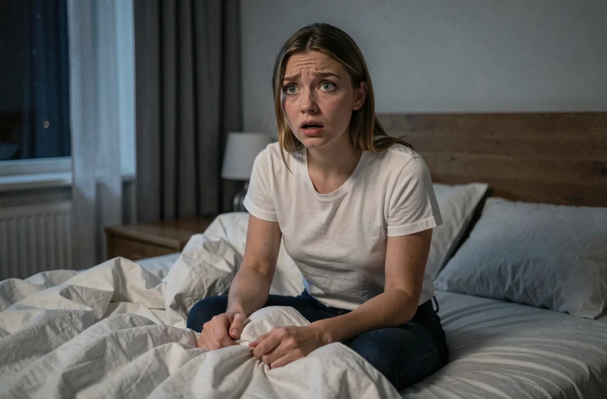 Femme réveillée en sursaut après un cauchemar dans lequel quelqu'un la poursuivait, assise dans son lit avec une expression de peur