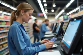 Femme remplissant un cheque dans un supermarche