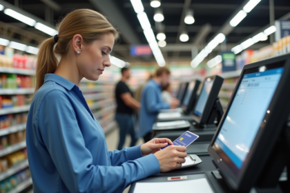 Femme remplissant un cheque dans un supermarche